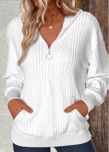 Modlily White Zipper Long Sleeve V Neck Hoodie