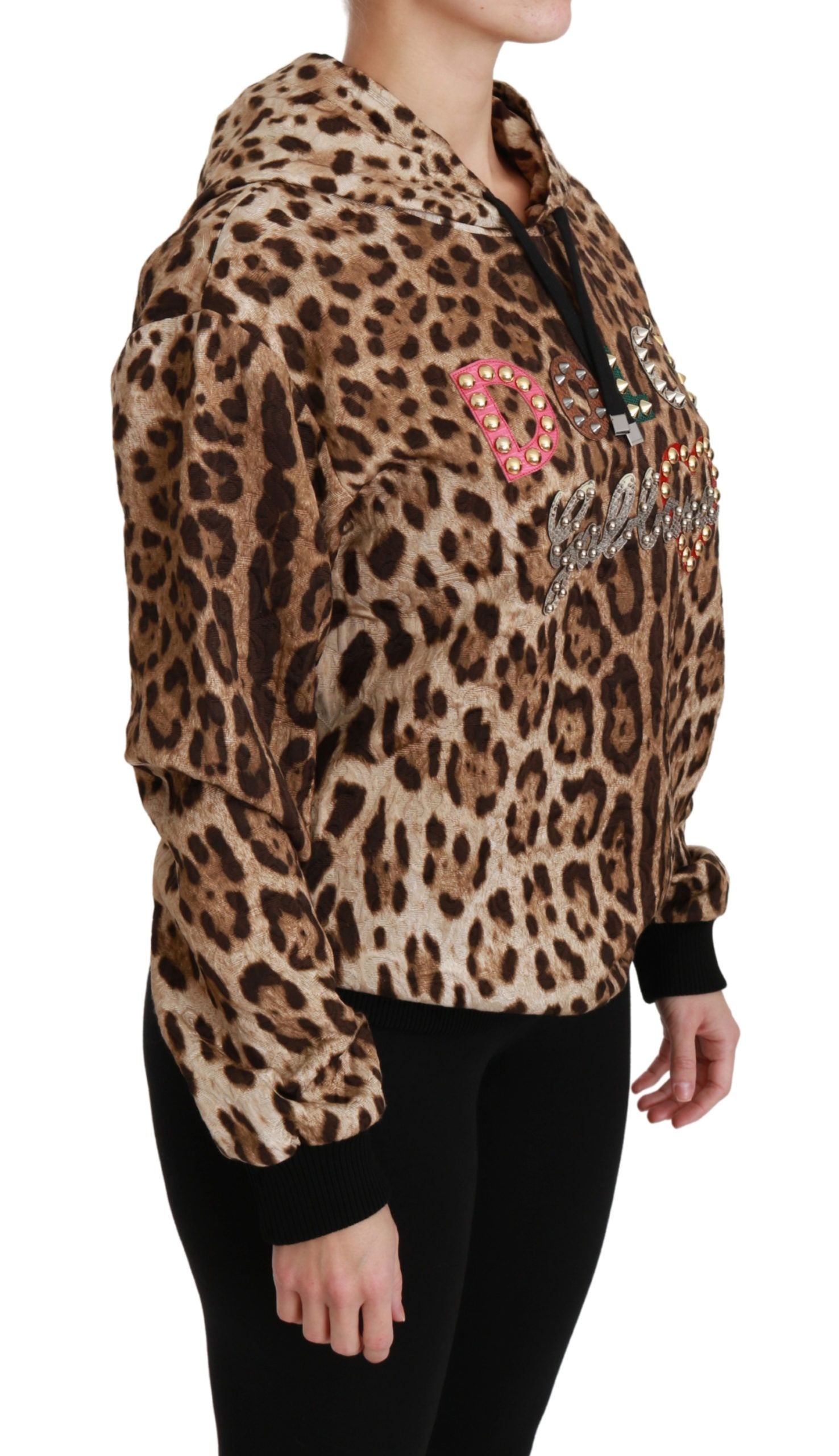 Hooded Studded Leopard Print Sweatshirt — Brown