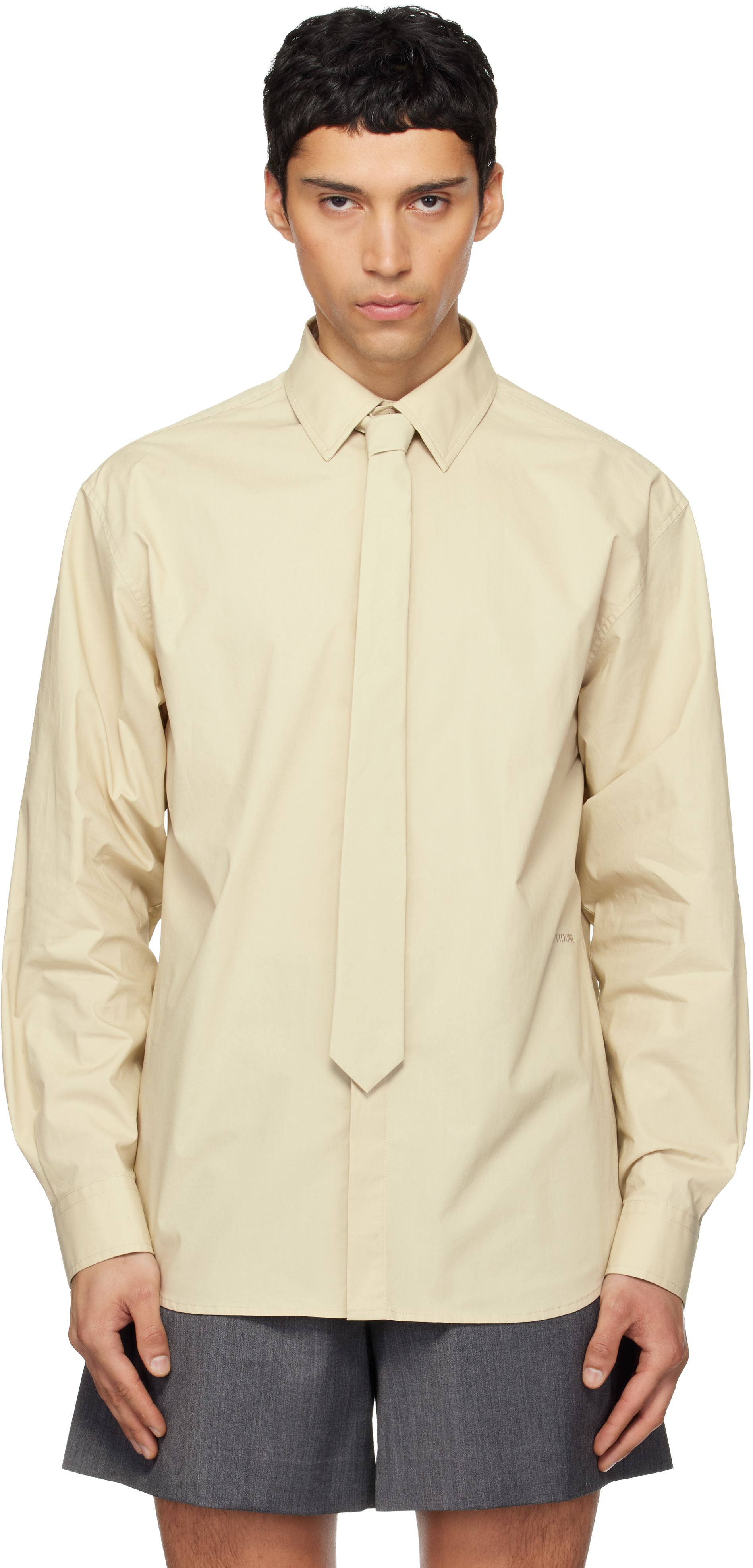 Beige Solid Tie Shirt