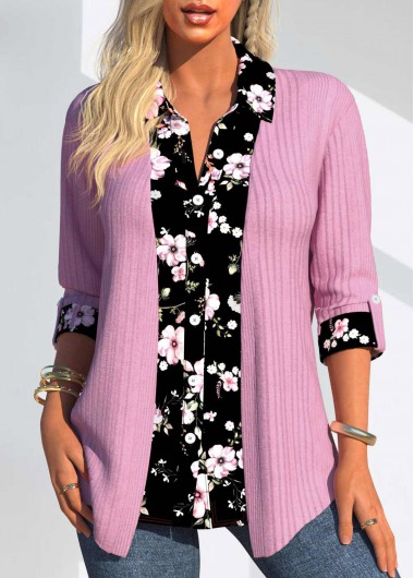 Modlily Pink Random Floral Print Fake Two Piece Twinset