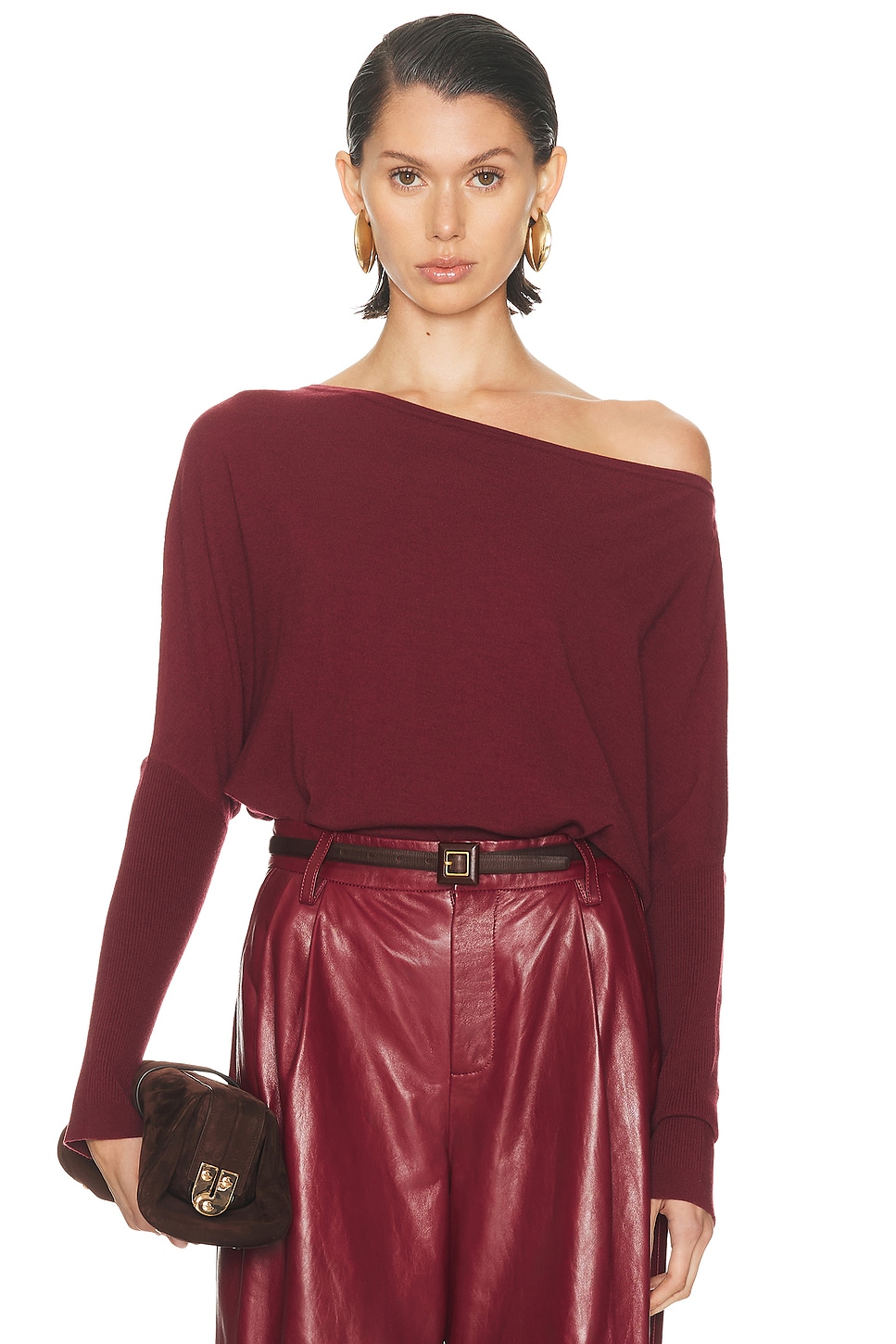 SIMKHAI Lavina Draped Off Shoulder Sweater in Cranberry - Burgundy. XS also in L