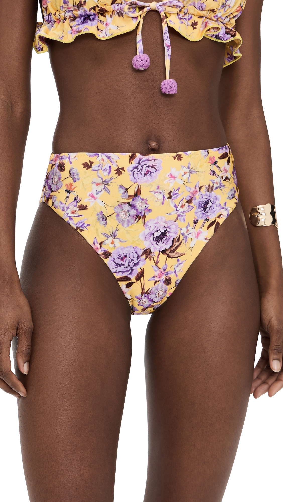 Peony Print Lycra High Waist Bikini Bottoms Yellow