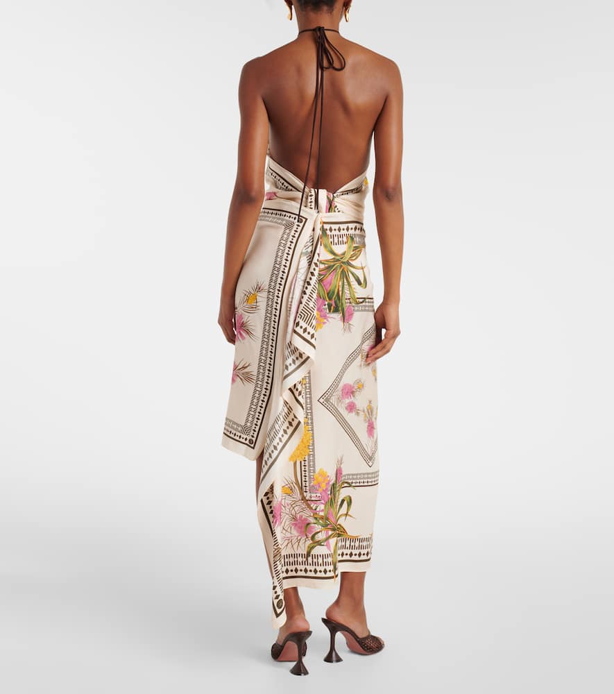 Asymmetric draped printed twill midi skirt