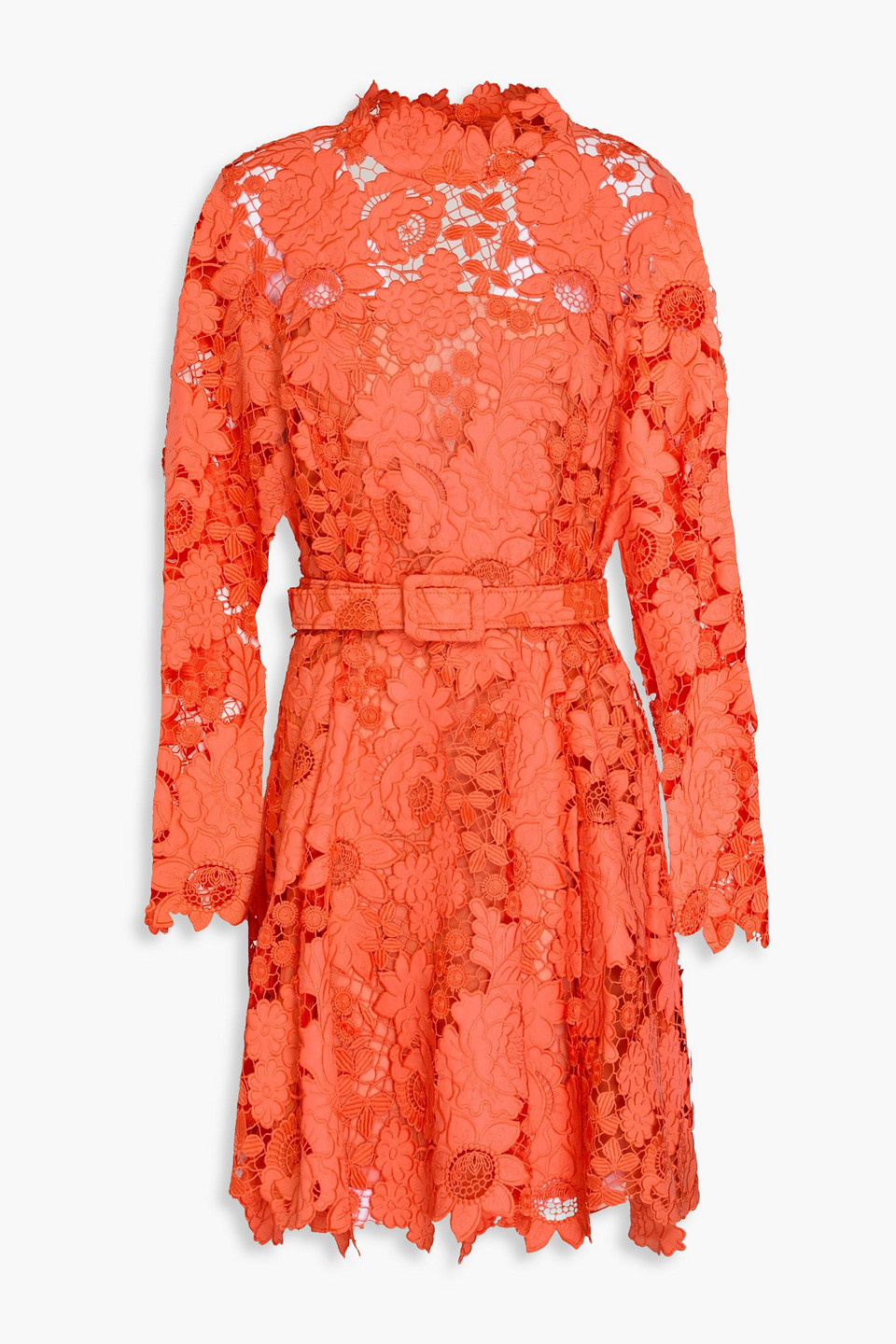 Belted cutout guipure lace mini dress