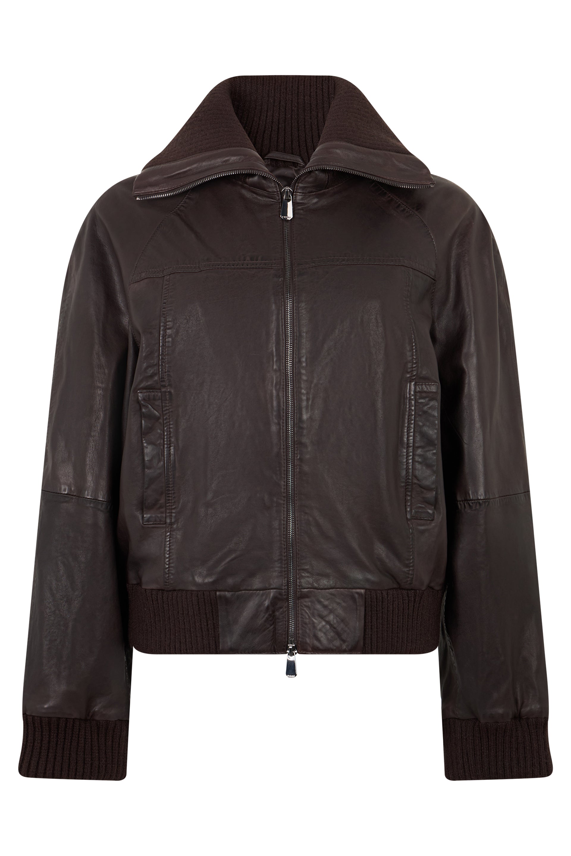 Leather Jacket with Knit Inserts and Zip Front