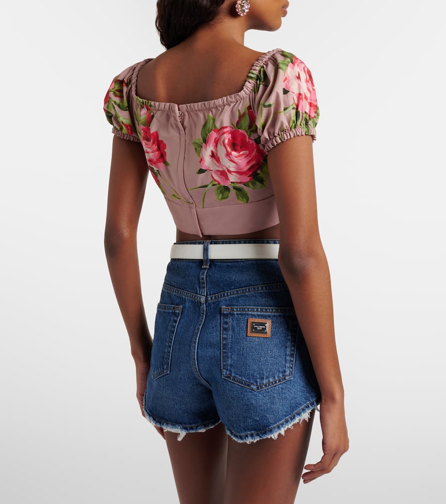 Floral bow-detail cotton crop top