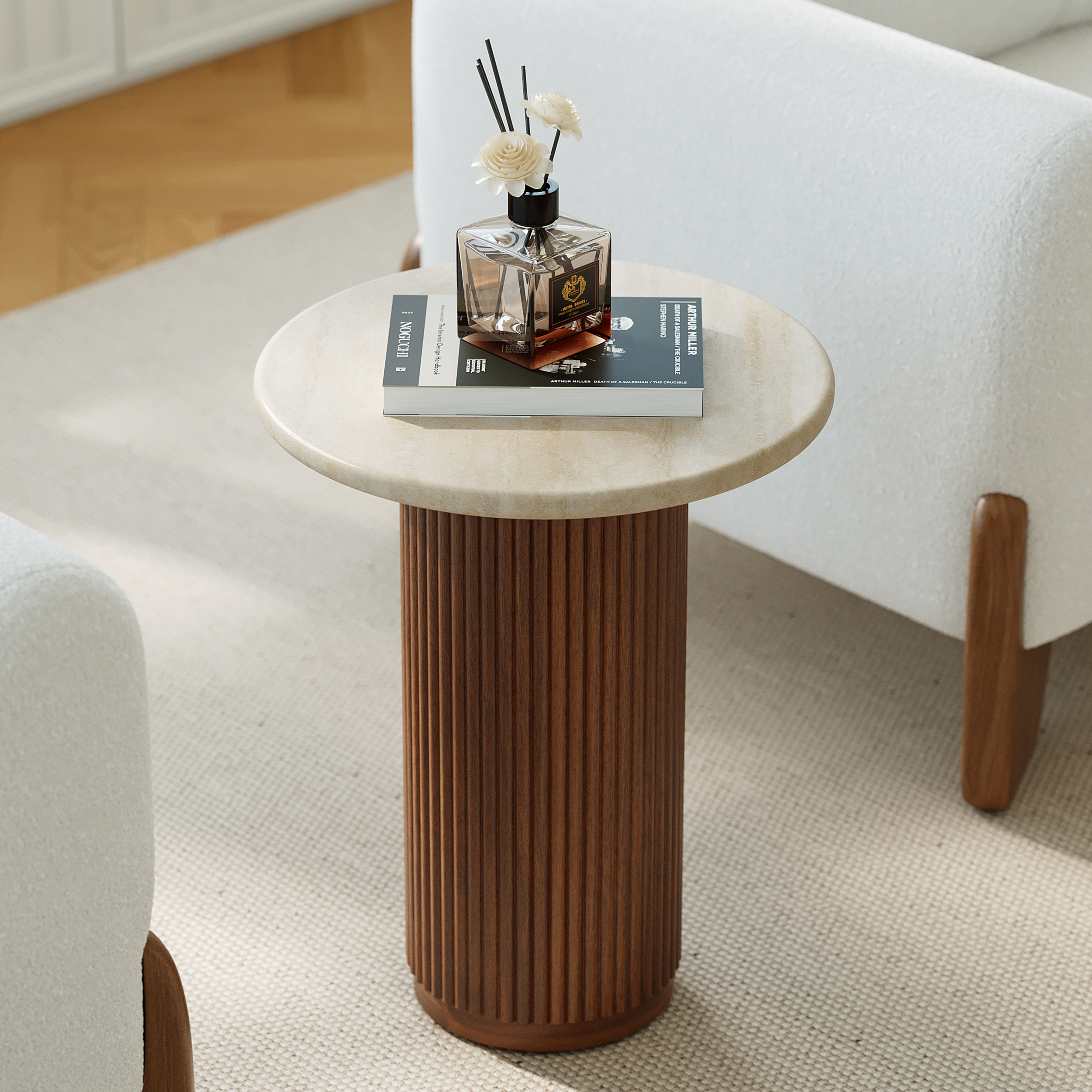 Runder Beistelltisch aus Kunstmarmor, moderner Beistelltisch mit Holzsockel