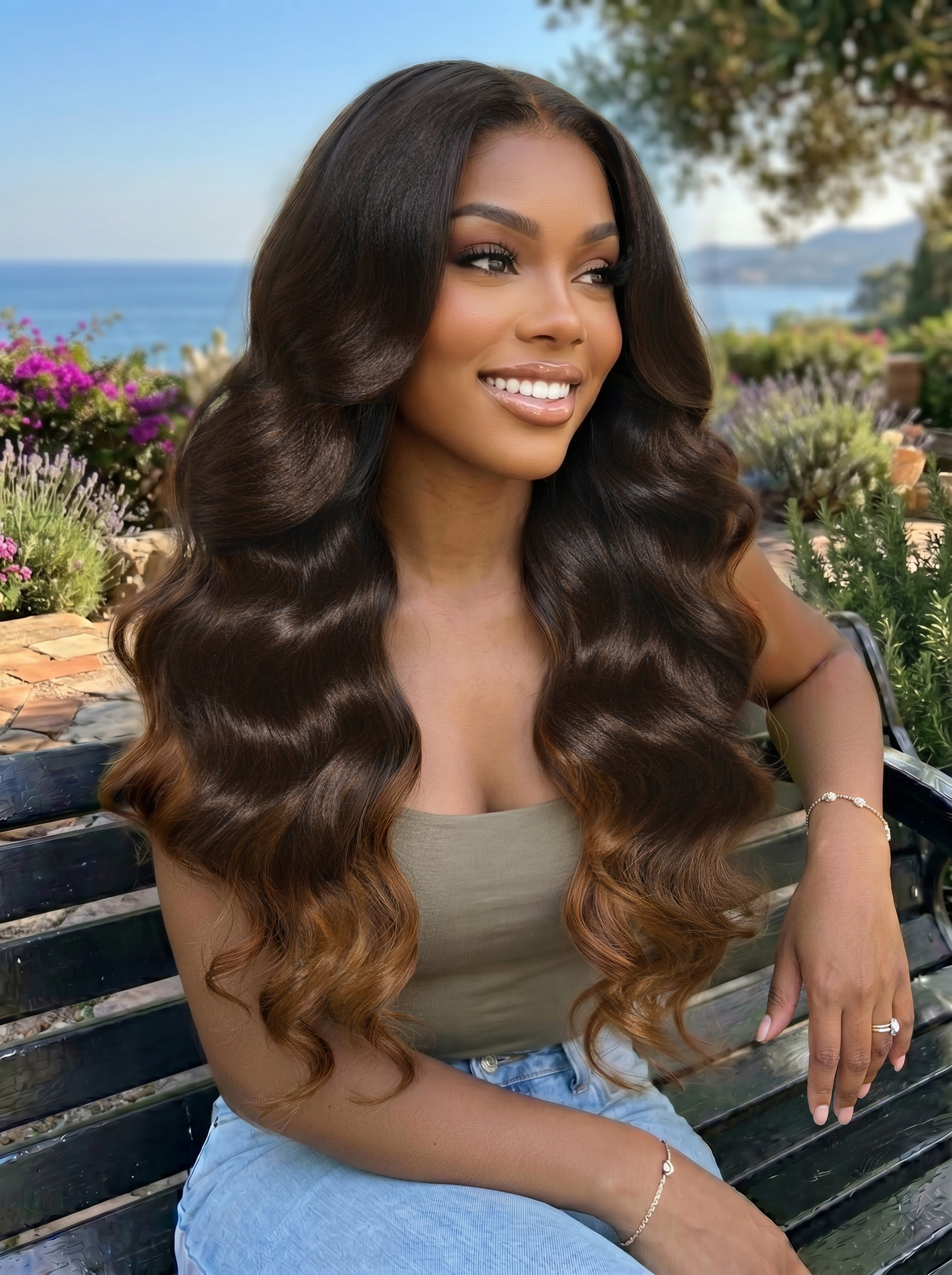 [From 18"] 13x4 Bye Bye Slip Lace Frontal Dark to Brown Ombre with Caramel Blonde Ends Yaki Body Wave Glueless Wig