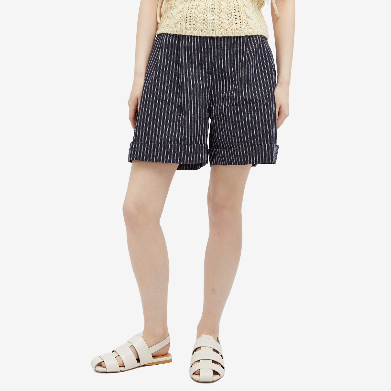 Women's Linen Stripe Pleated Short in Stone Stripe