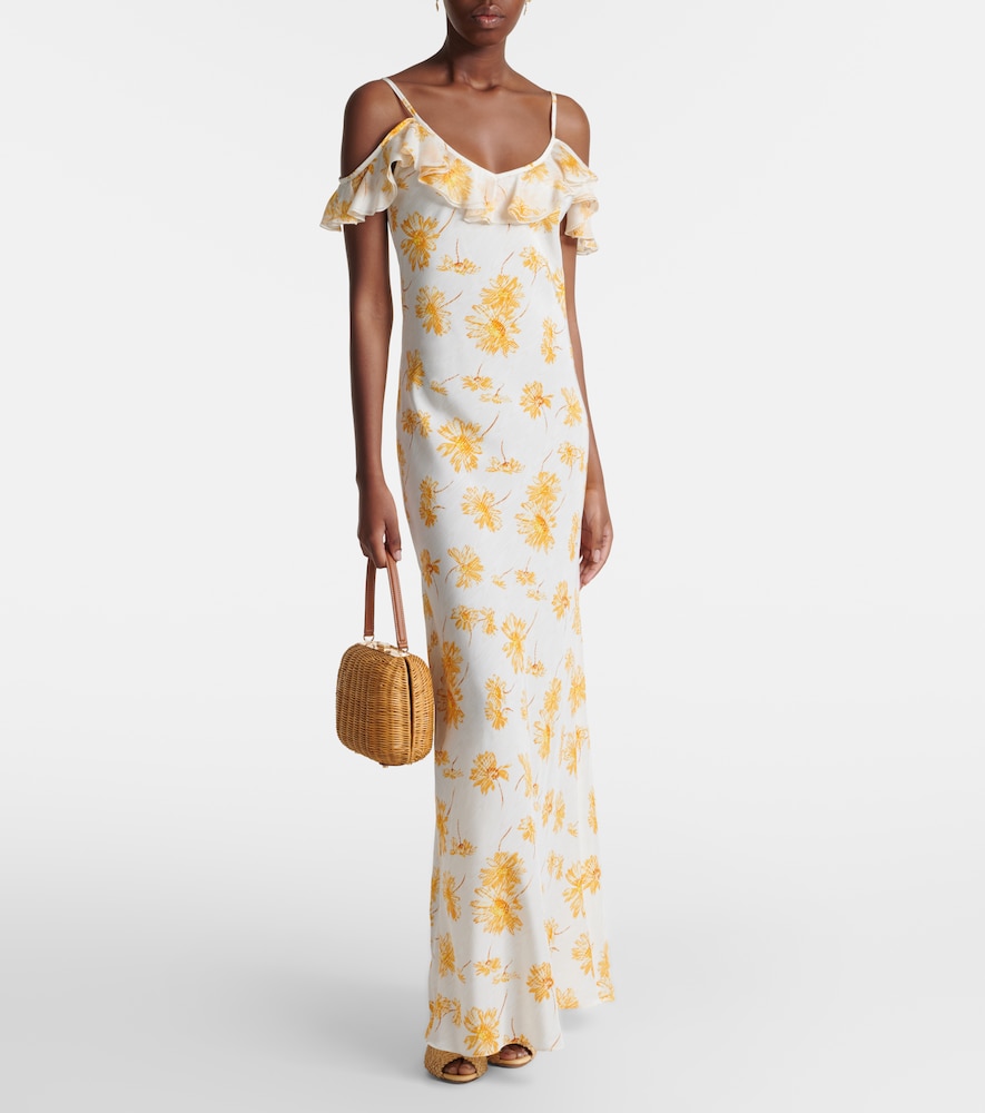 Floral ruffled silk moiré slip dress