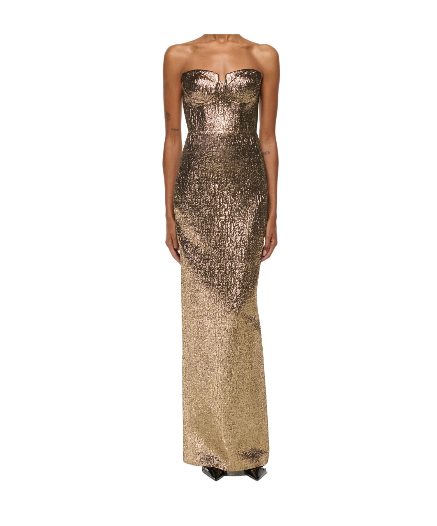 Pleated Bust Metallic Jacquard Gown