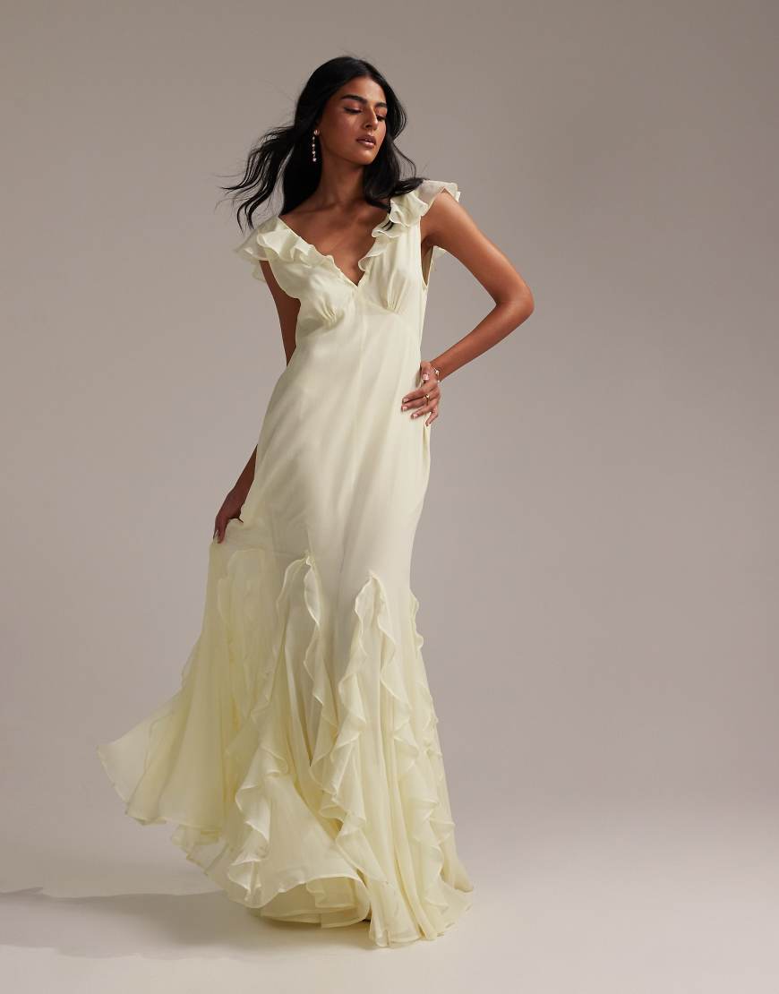 ASOS DESIGN Bridesmaids flutter sleeve bias cut maxi dress with godet frill hem in soft yellow