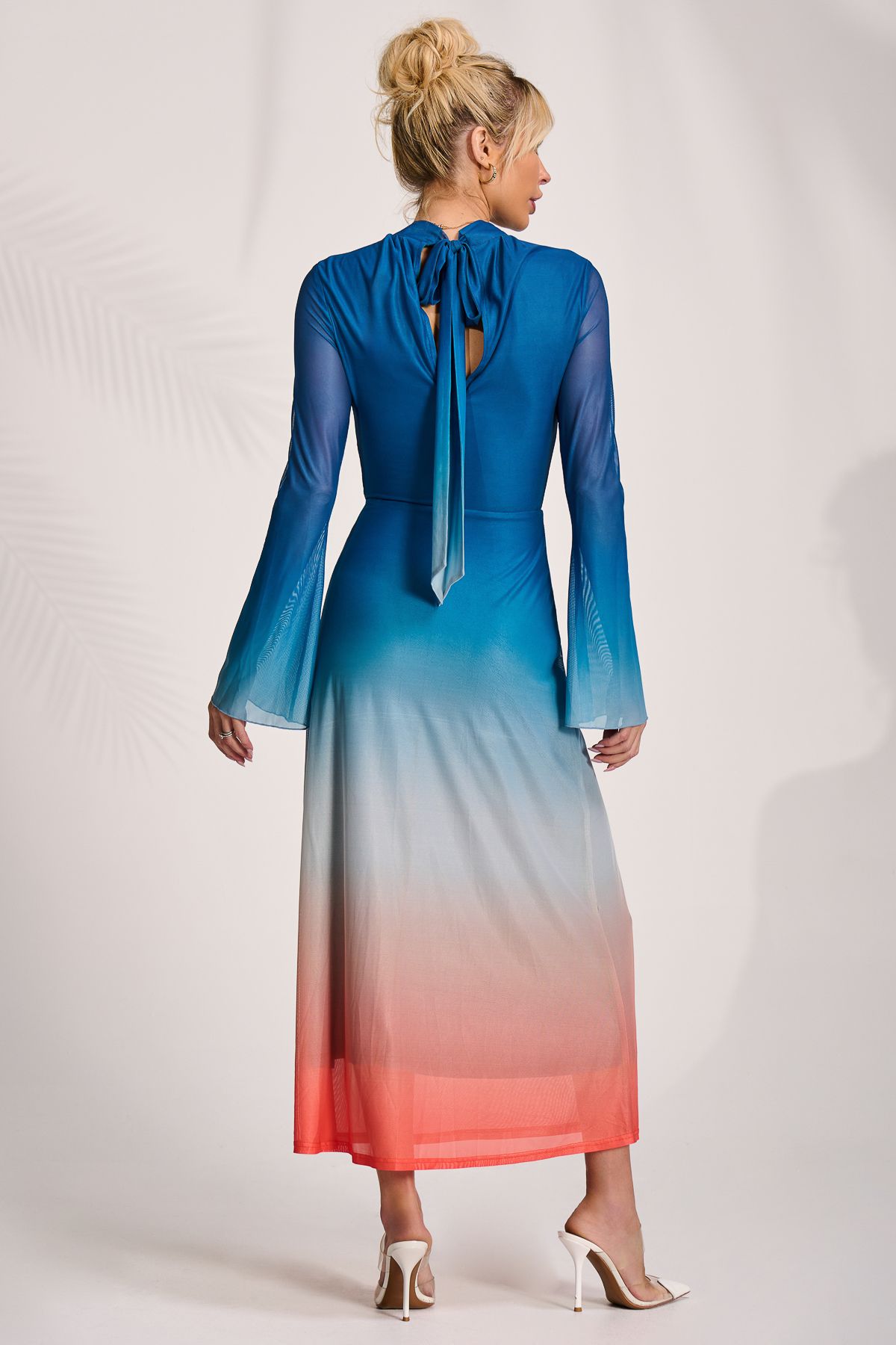 Jolie Moi Women's Long Sleeve High Neck Mesh Dress in Blue