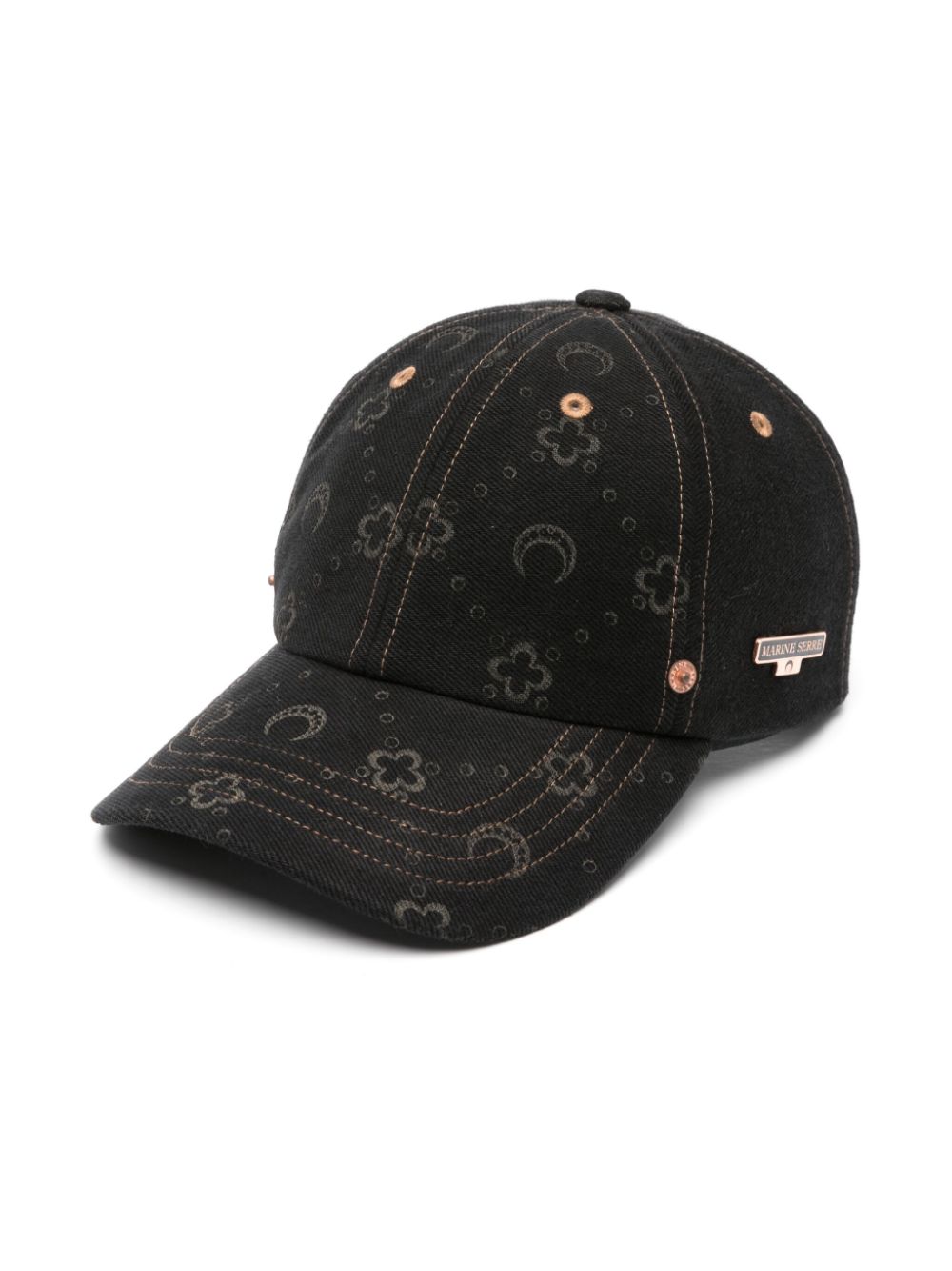 Regenerated crescent moon-print denim cap - Black