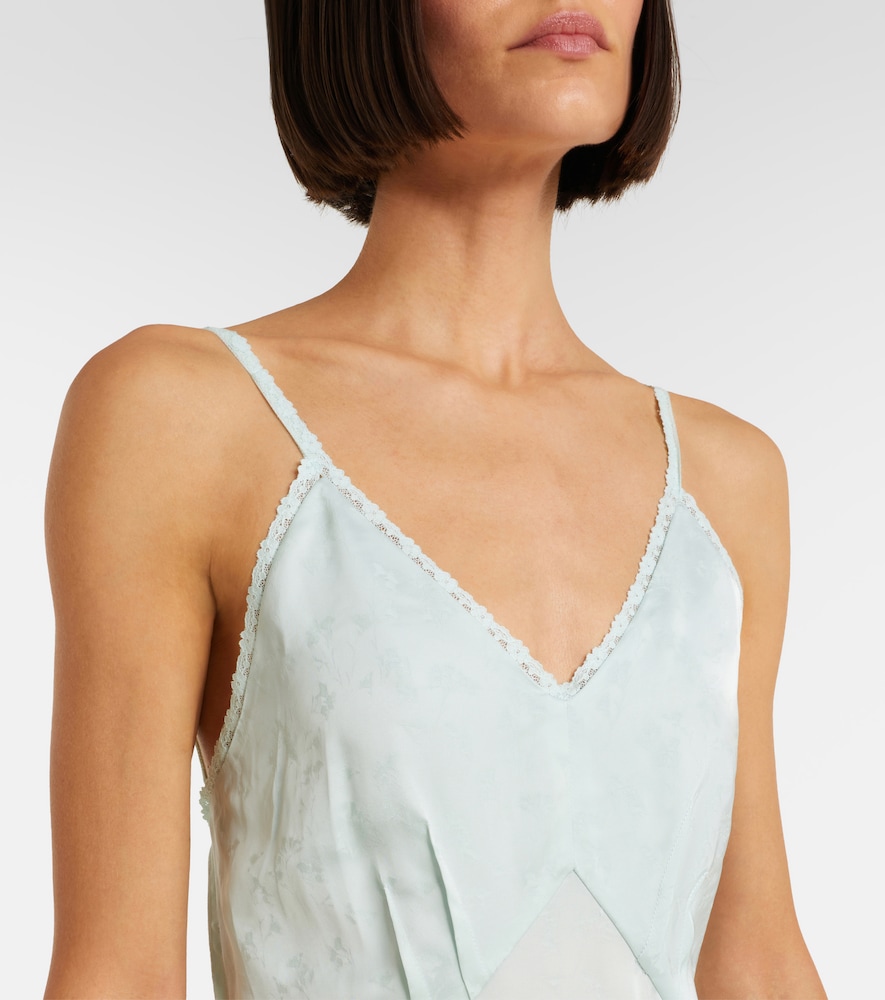 Asymmetric lace-trimmed jacquard slip dress