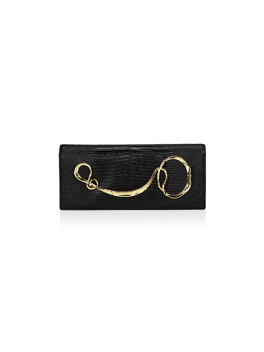 Women's Lizard-Embossed Leather Clutch - Black