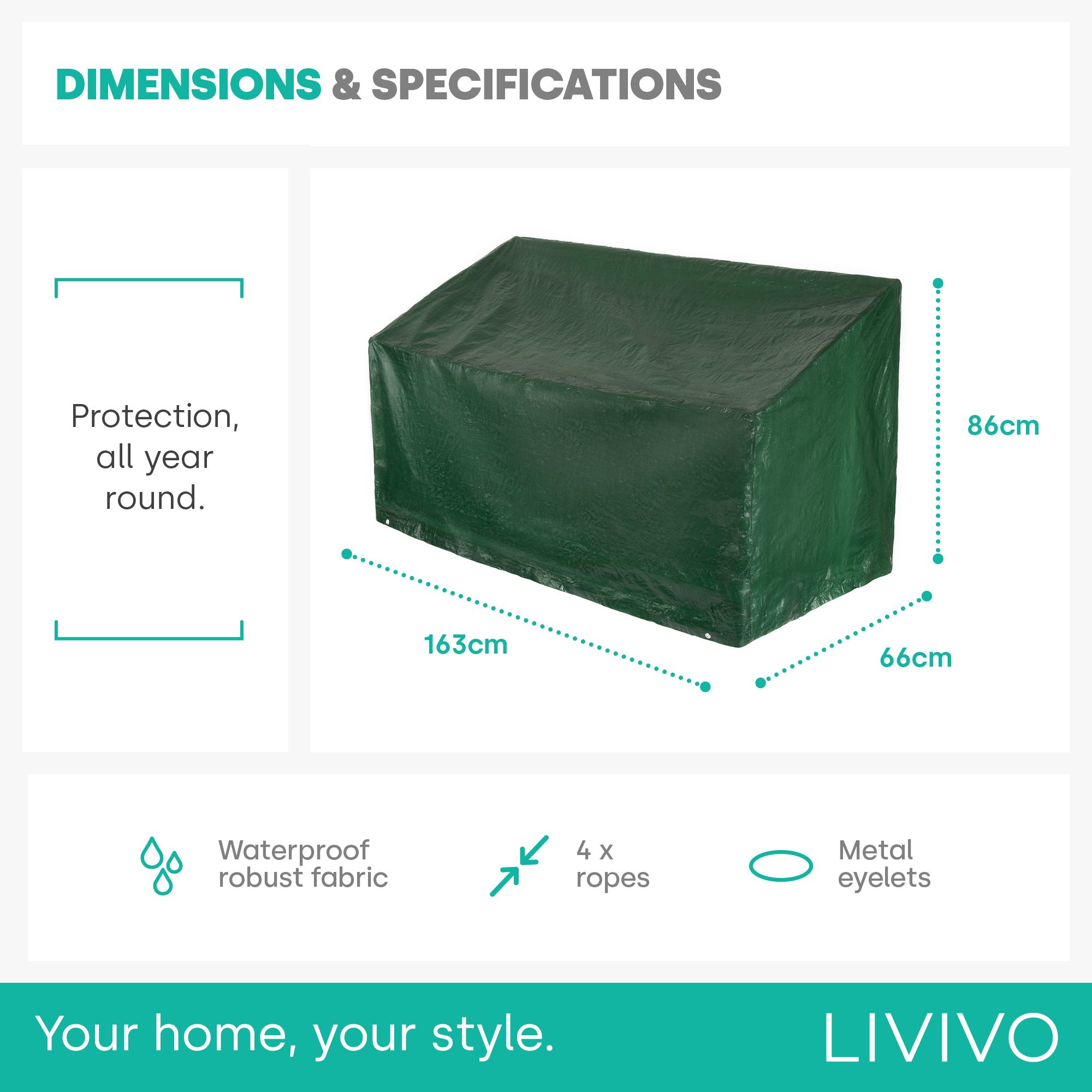 LIVIVO Unisex 3 Seater Garden Bench Cover Waterproof Heavy Duty Outdoor Furniture Cover UV Resistant Windproof 162 x 66 x in Green