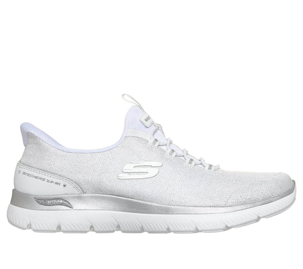 Skechers Women's Slip-ins: Arch Fit Summits - Diamond Grace Sneaker in White/Silver, 5 | Textile/Synthetic, Vegan
