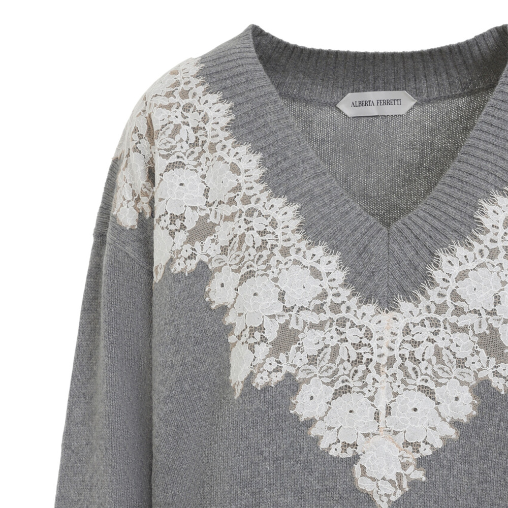 Grey Lace V Neck Sweater