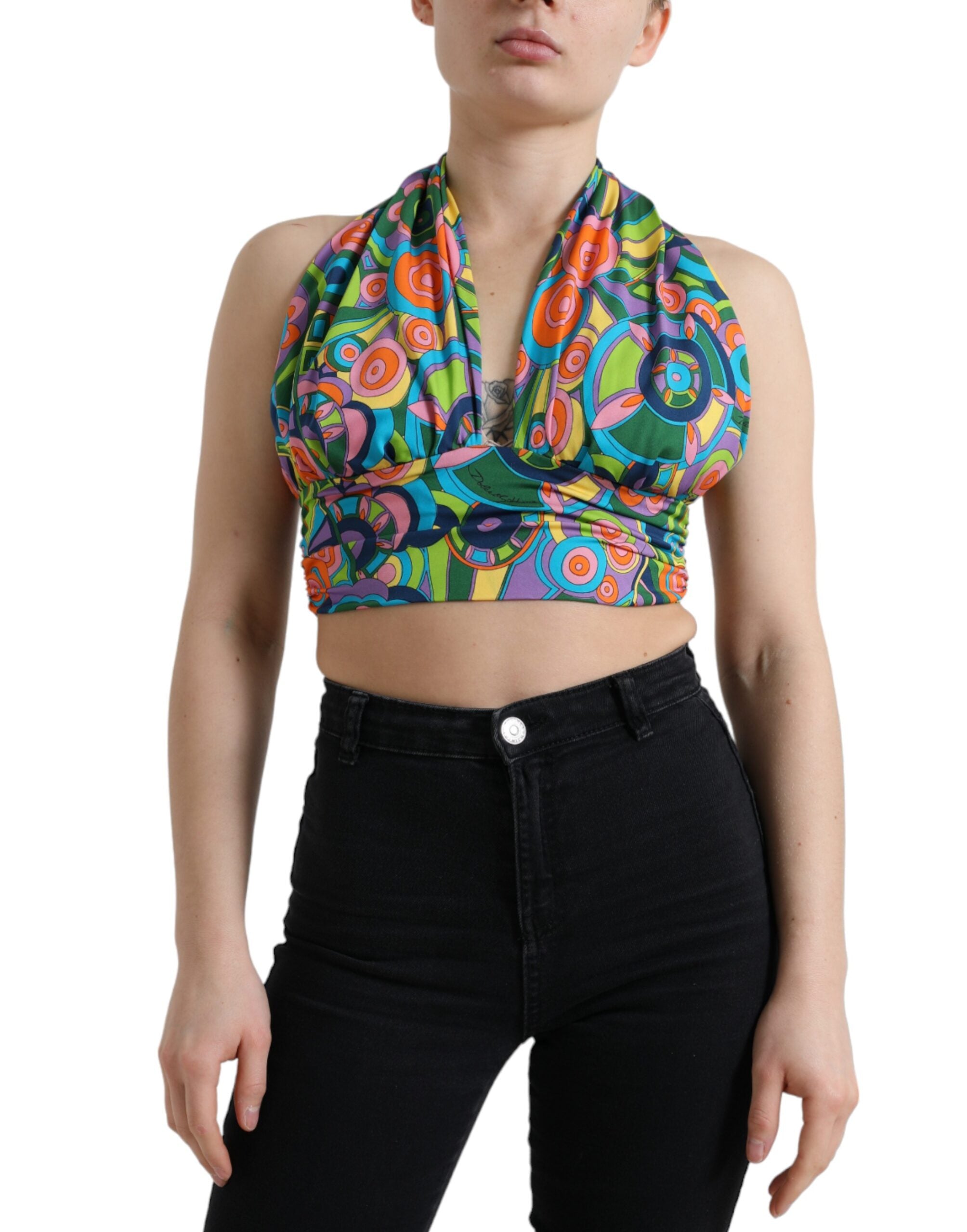 Halter Silk with Geometric Print Tank Top — Multicolor