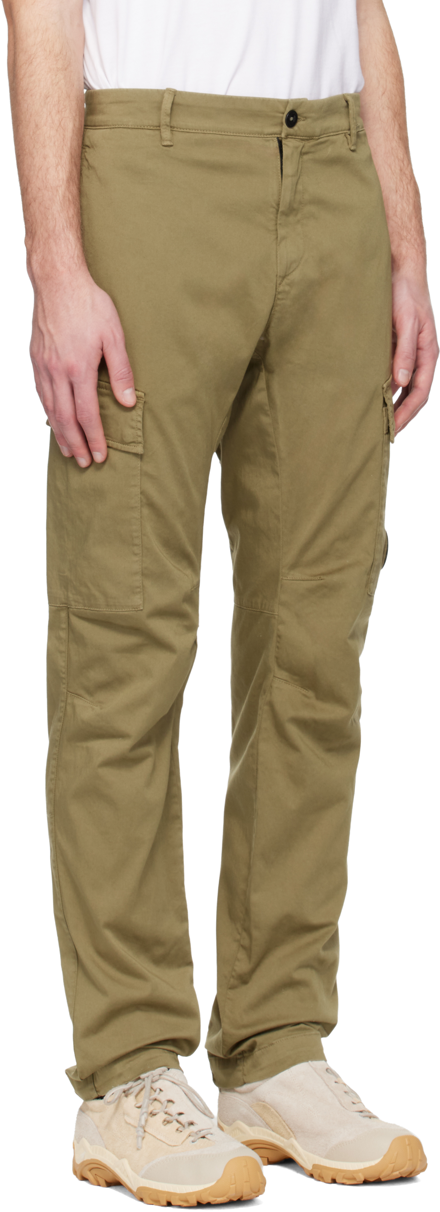 Beige Stretch Sateen Ergonomic Lens Cargo Pants