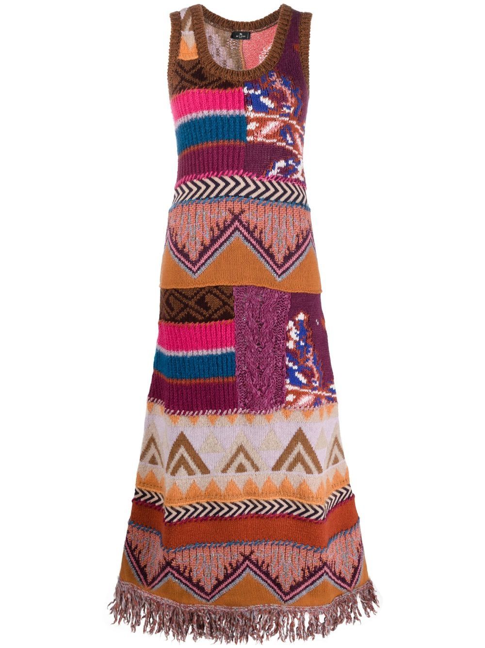 Intarsia knit long dress - Brown