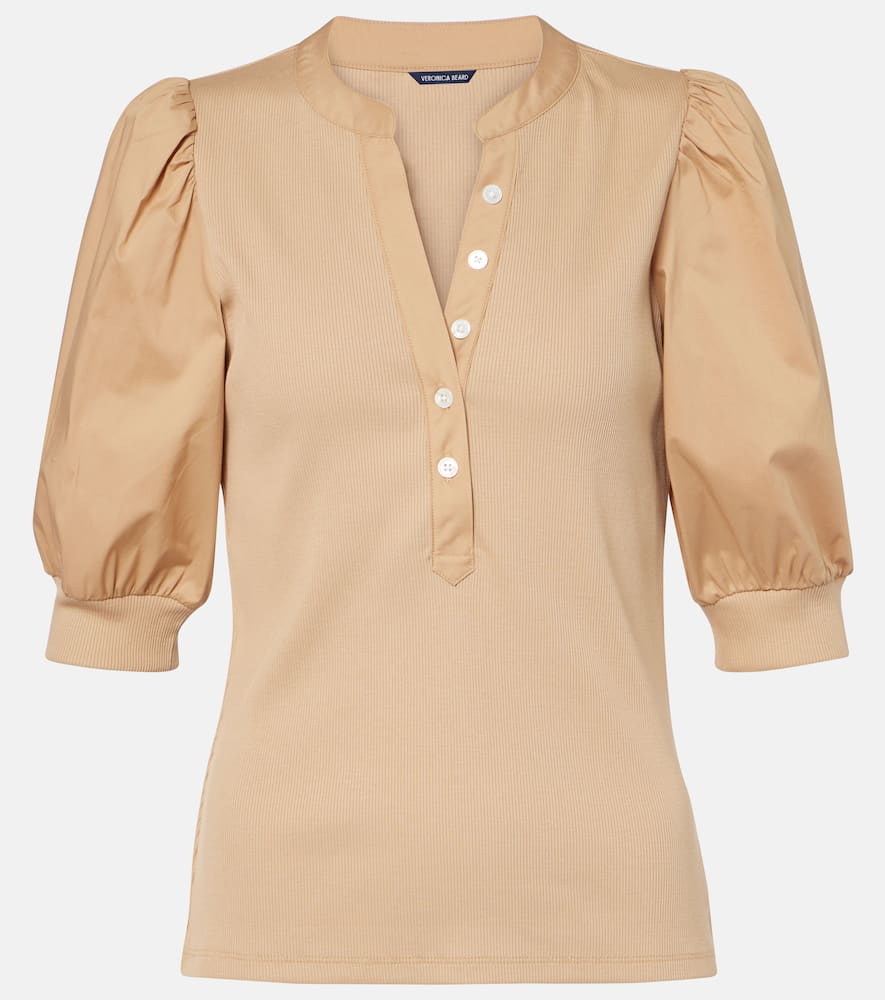 Puff-sleeve cotton-blend top