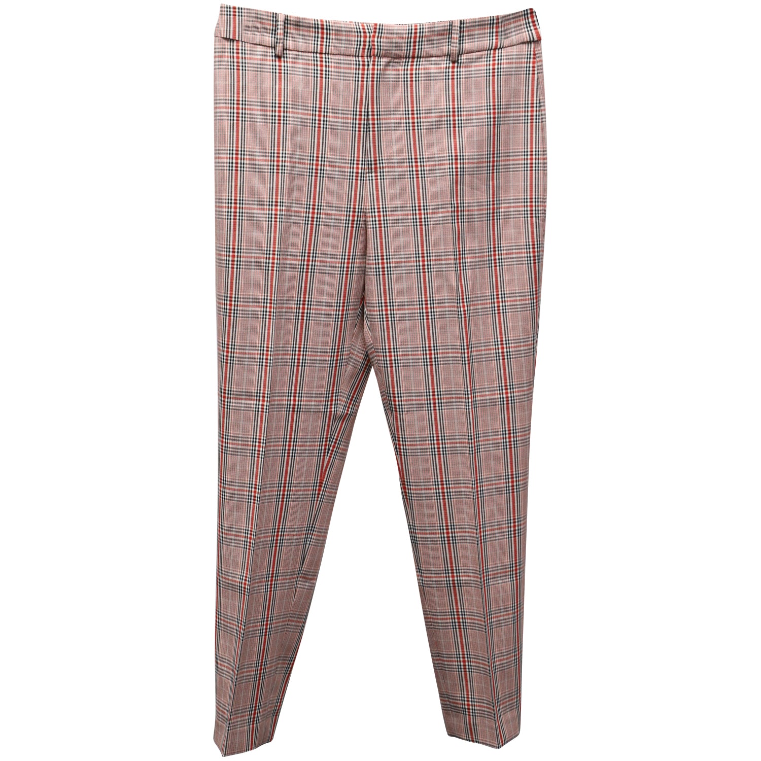 Plaid Print Straight-Leg Trousers in Red Polyester