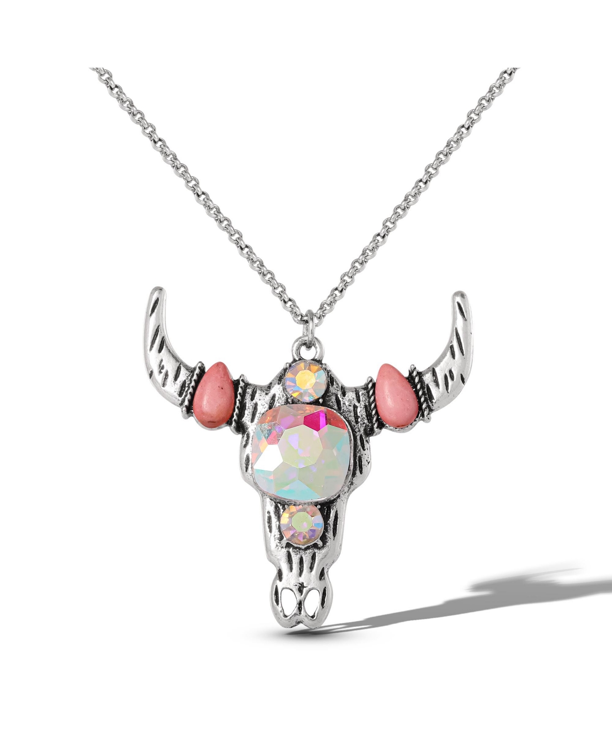 Layered Southwestern Horn Pendant and Beaded Necklace Set - Silver/coral