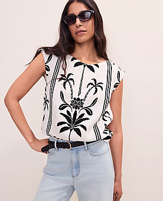 Ann Taylor Floral Crew Neck Top in Linen
