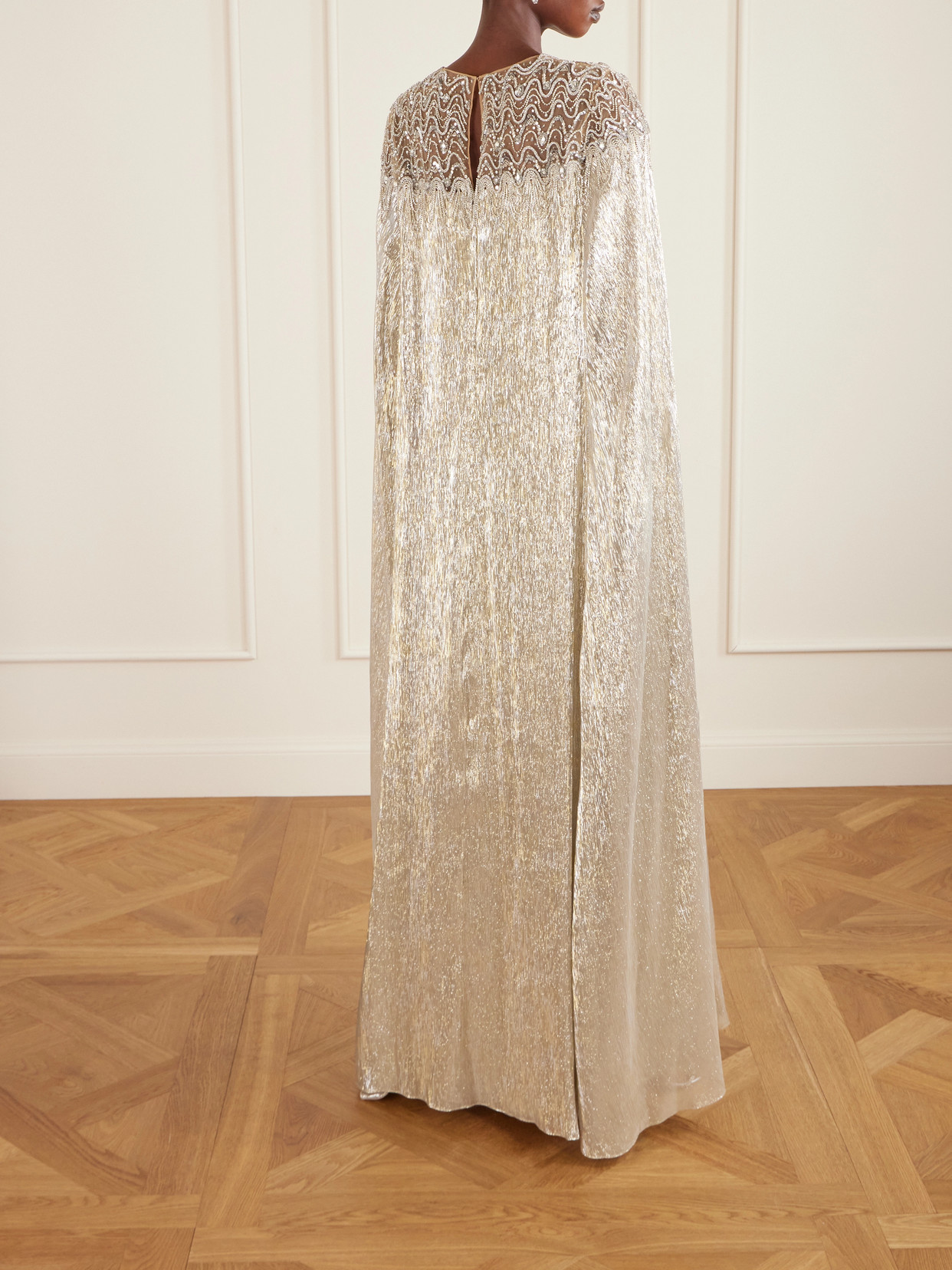 Cape-effect Crystal And Sequin-embellished Tulle-trimmed Lamé Gown - Silver
