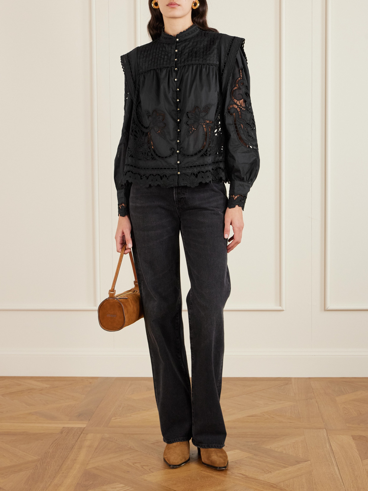 Richilieu Pleated Broderie Anglaise Cotton Blouse - Black