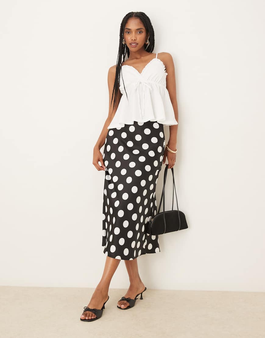 Satin midi skirt in black and white polka dot-Multi