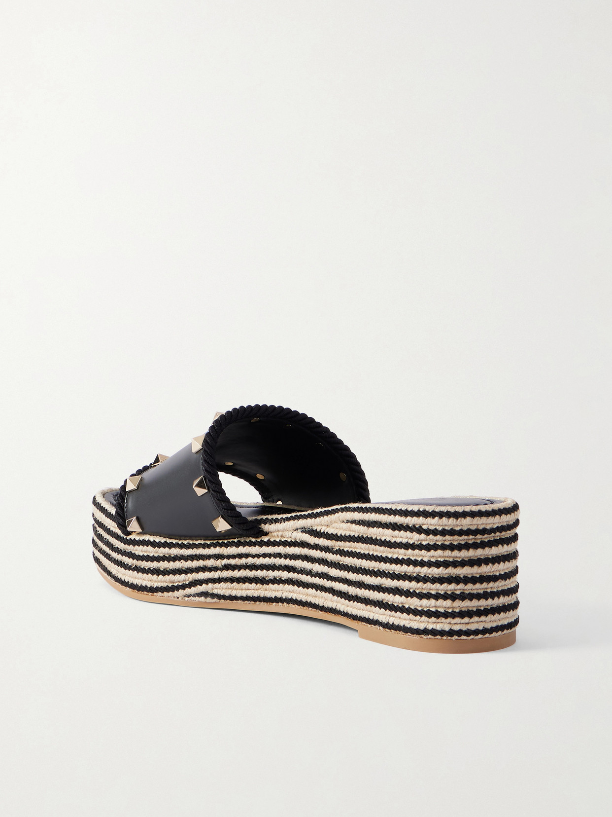 Rockstud Leather Platform Espadrille Slides - Black
