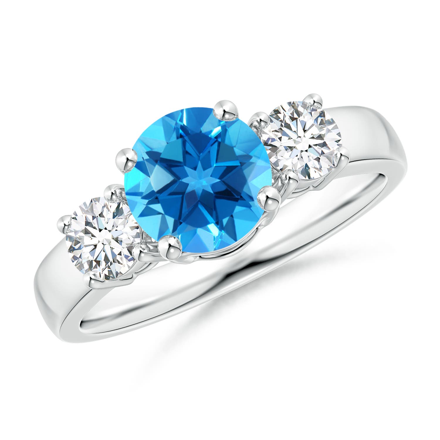 Angara 1.55 Carats Classic Round Swiss Blue Topaz and Diamond Three Stone Engagement Ring in Platinum