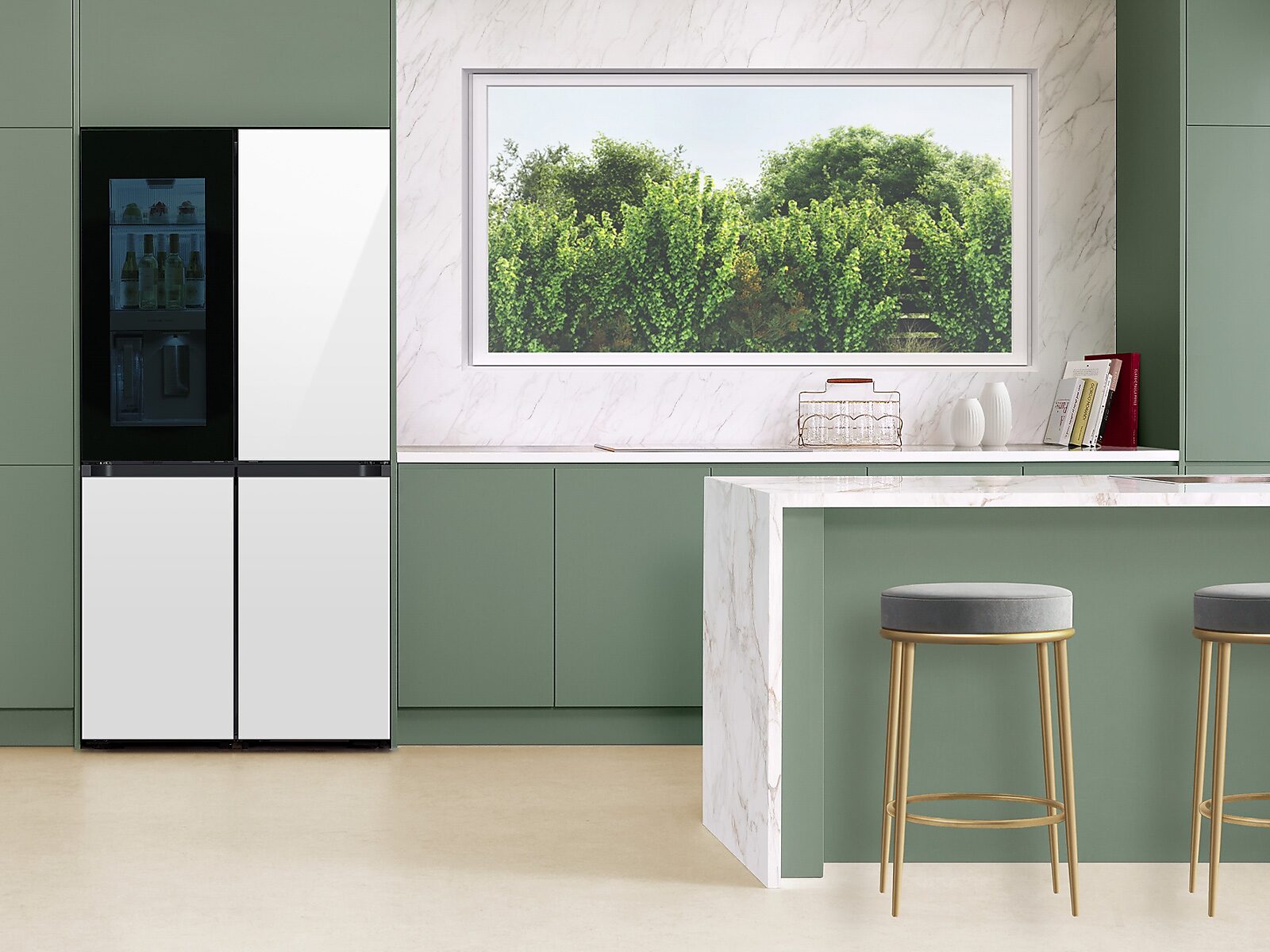Bespoke 4-Door Flex™ Refrigerator (29 cu. ft.) with Beverage Zone™ and Auto Open Door in White Glass(RF29DB970012AA)