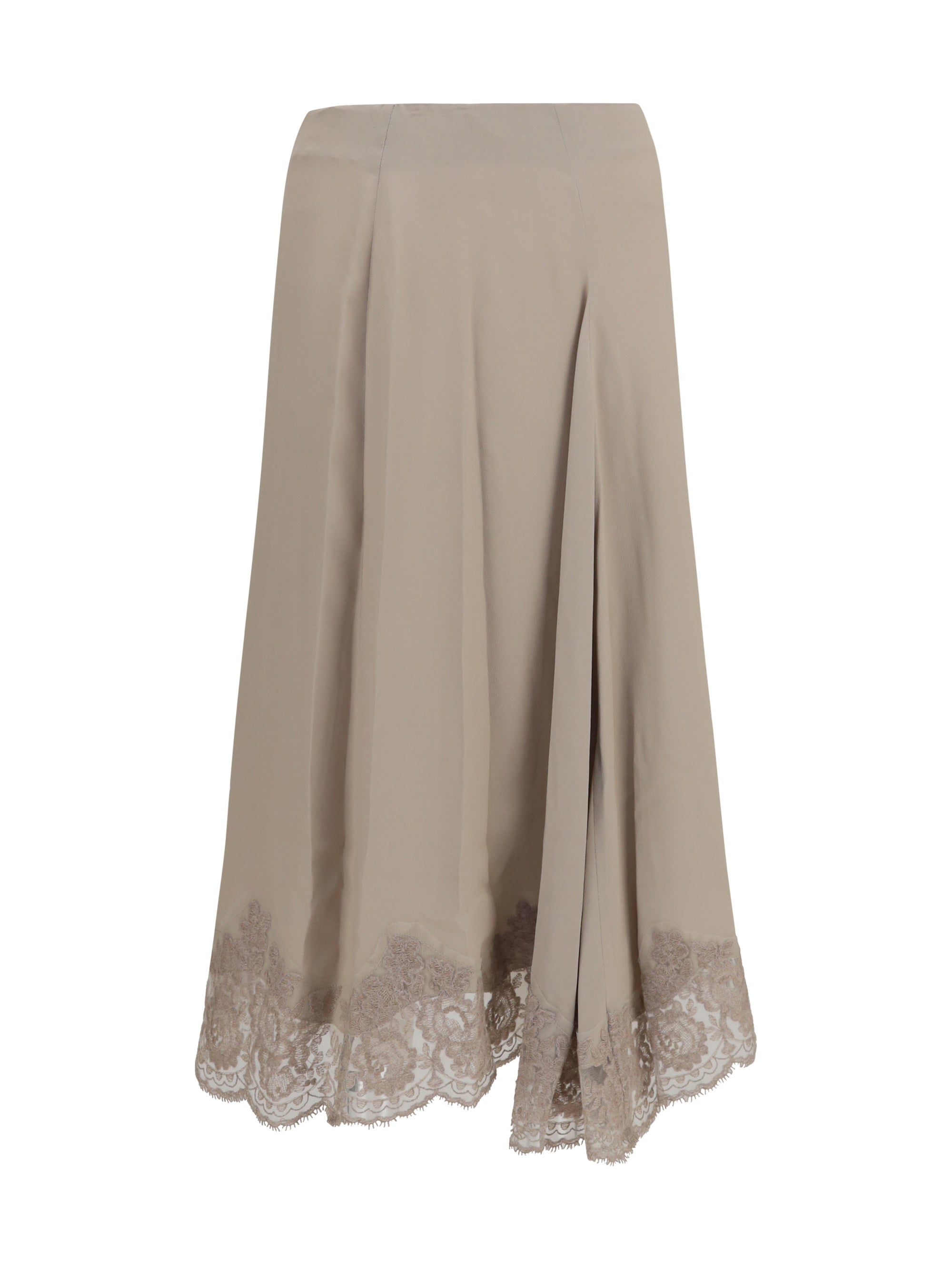 Lace-Trimmed Silk Blend Skirt — Beige