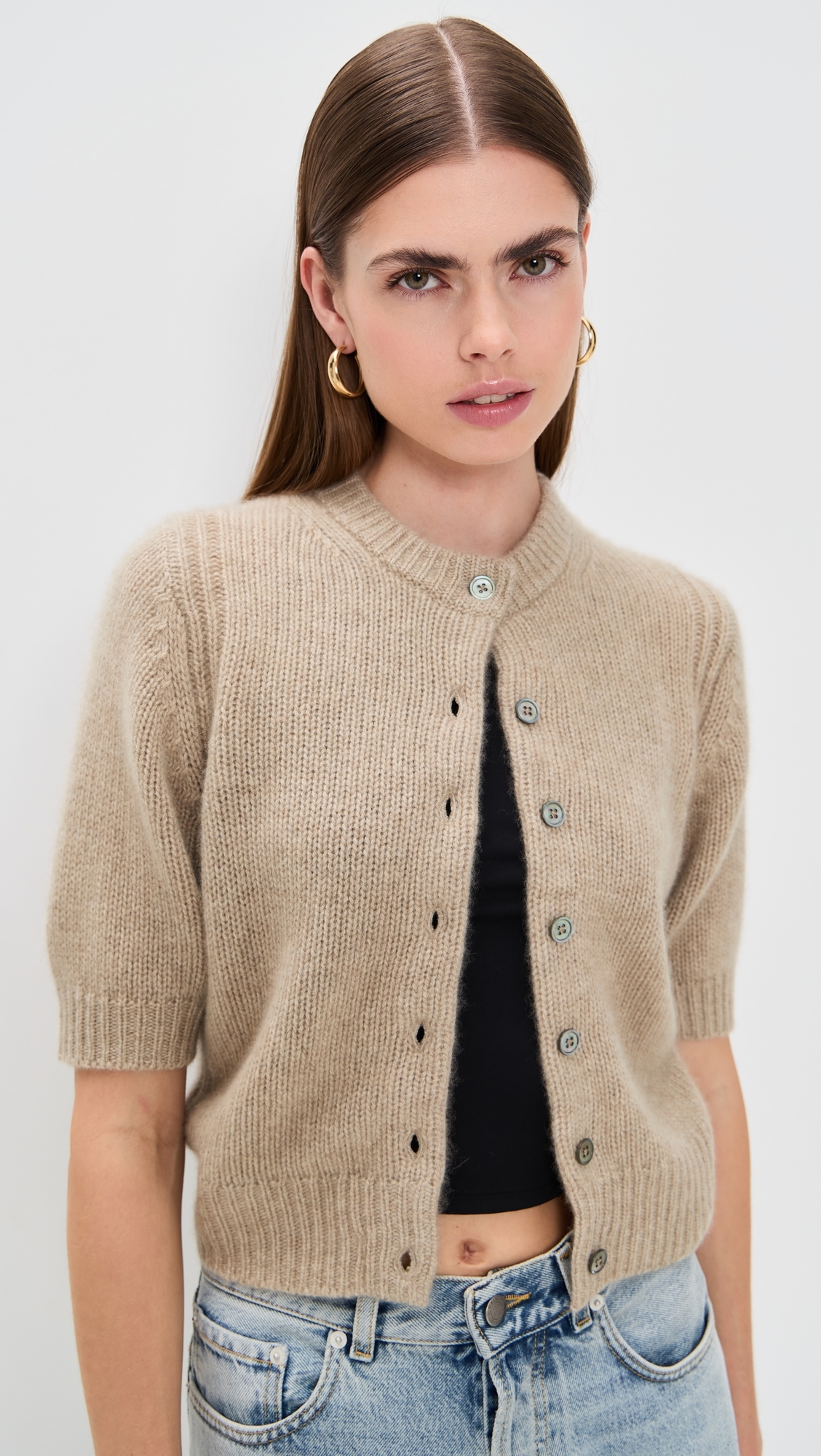 Cashmere Elbow Sleeve Cardigan Taupe Heather