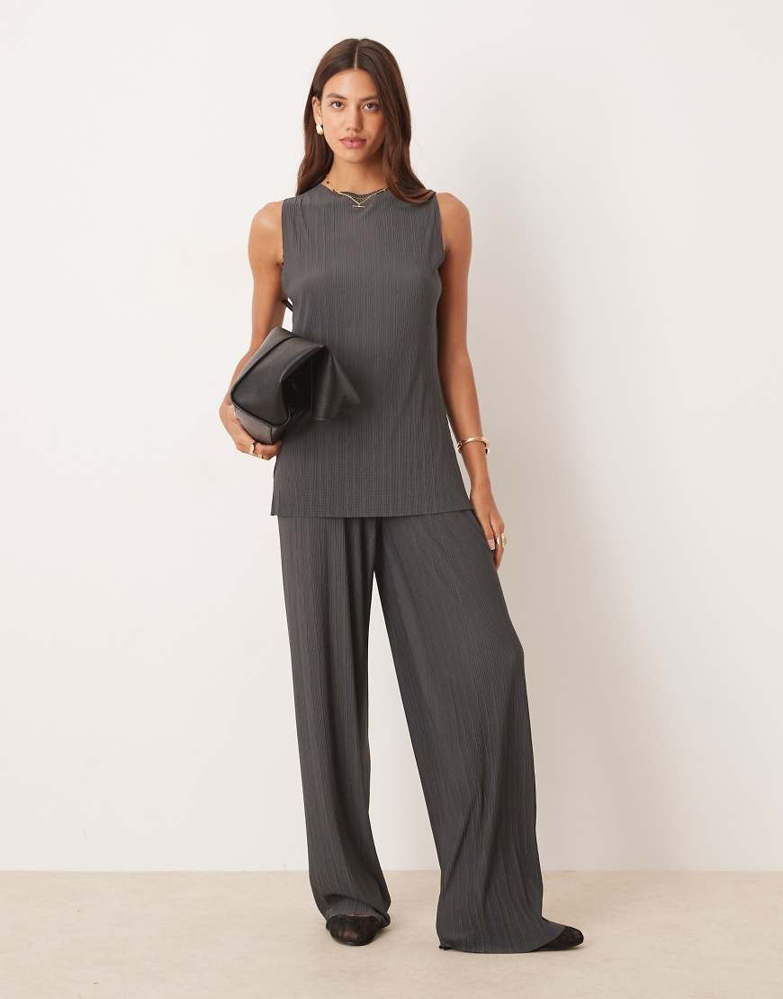 Co-ord pleat mesh straight leg trouser in charcoal-Grey