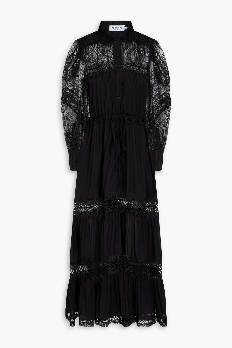 Lucil lace-paneled cotton-blend poplin maxi shirt dress - Black - XS