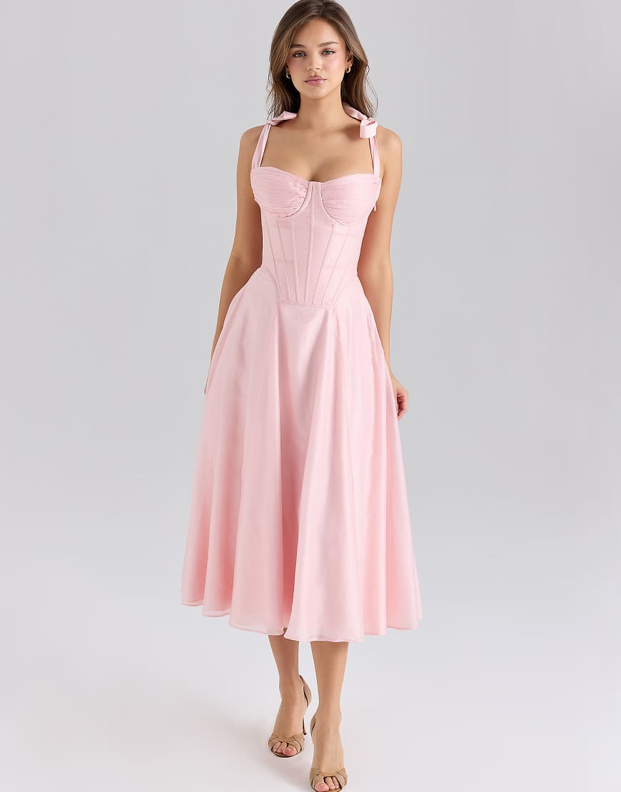 Leia chiffon tie strap midi dress in pink