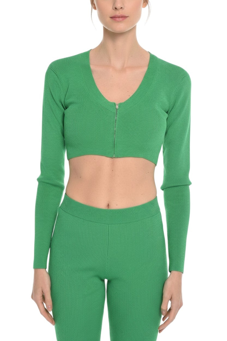 Green Solid V Neck Crop Cardigan