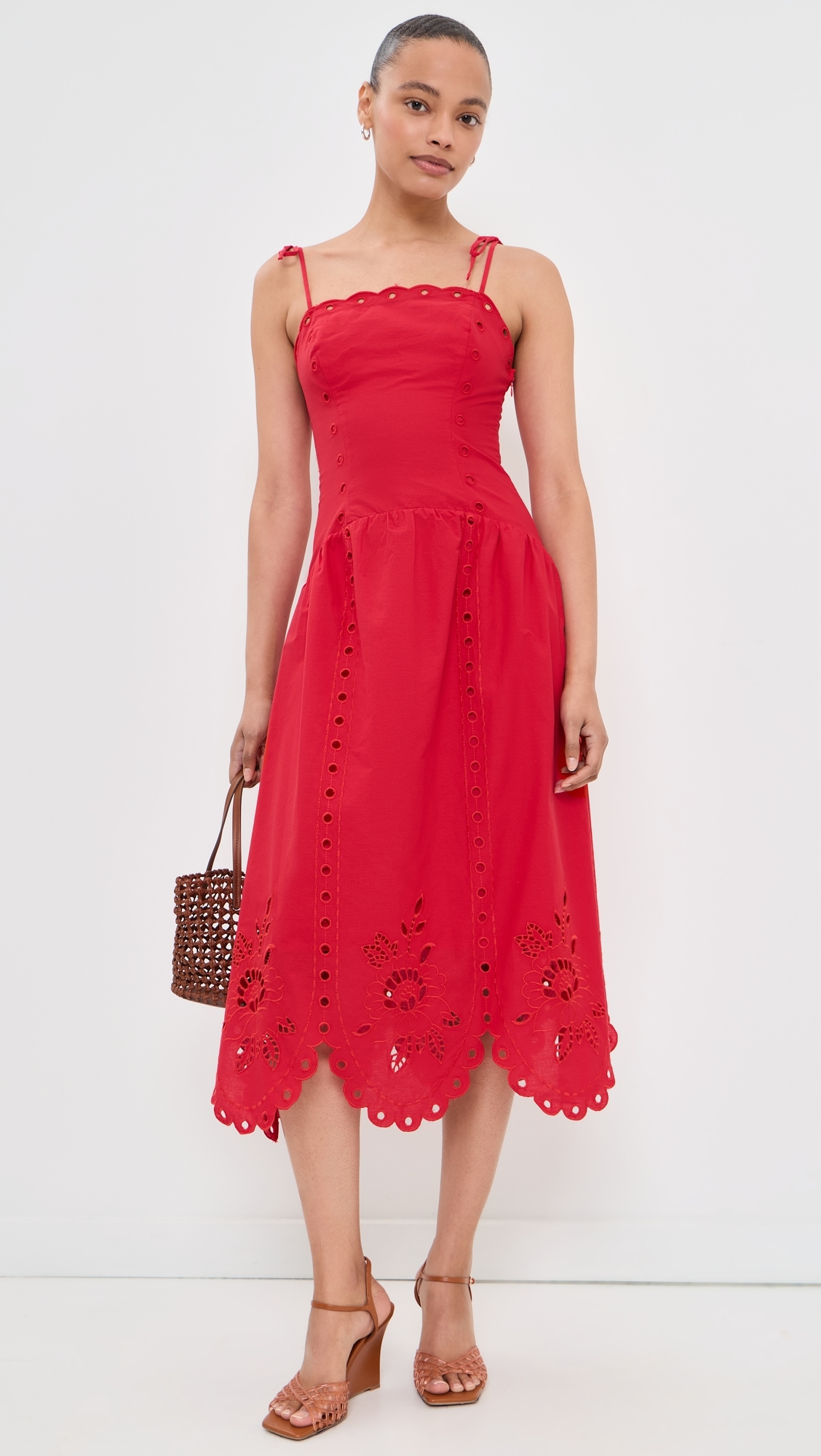 Eyelet Midi Dress Red