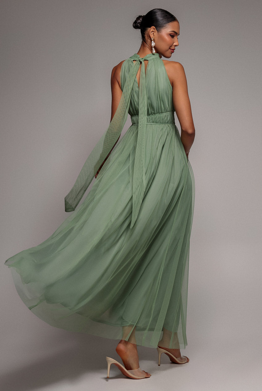 Goddiva Halter Neck Mesh Tie Maxi Dress - Dusty Sage