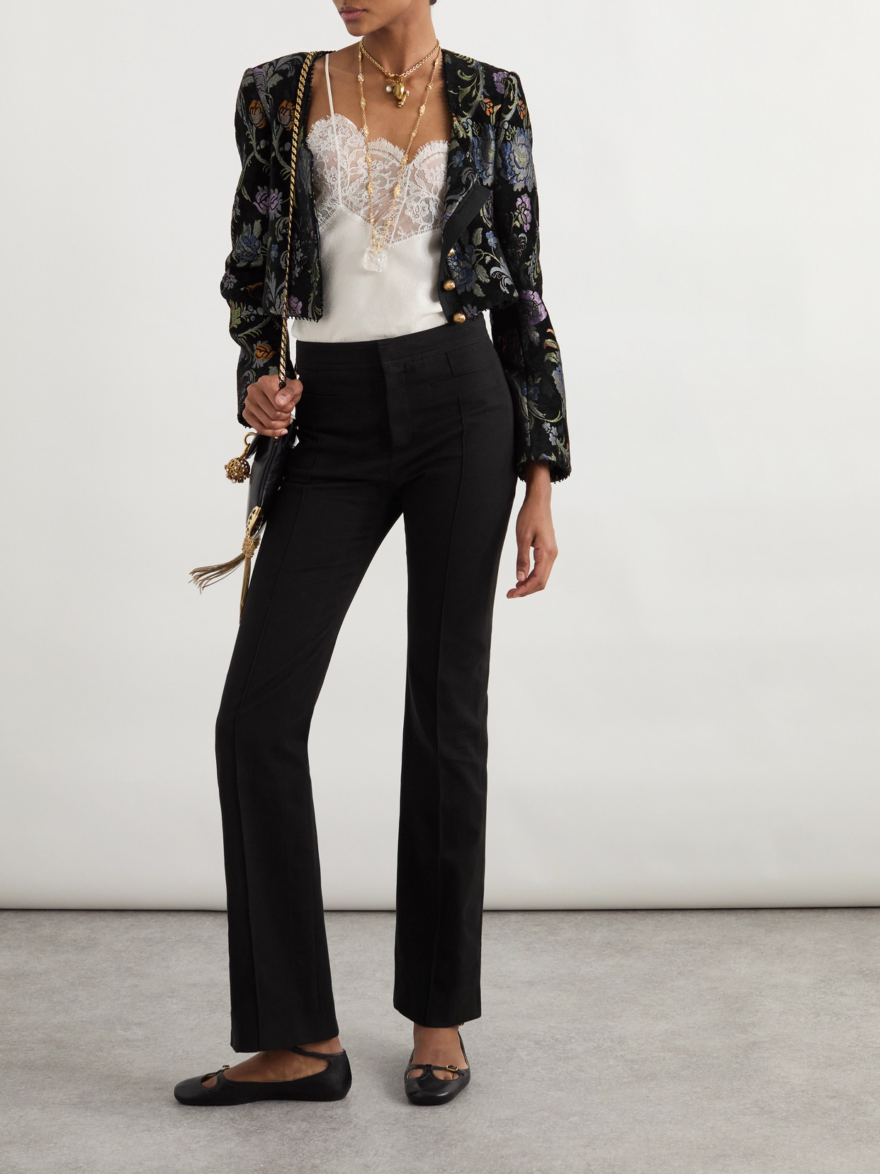 Cropped Floral-jacquard Jacket - Black
