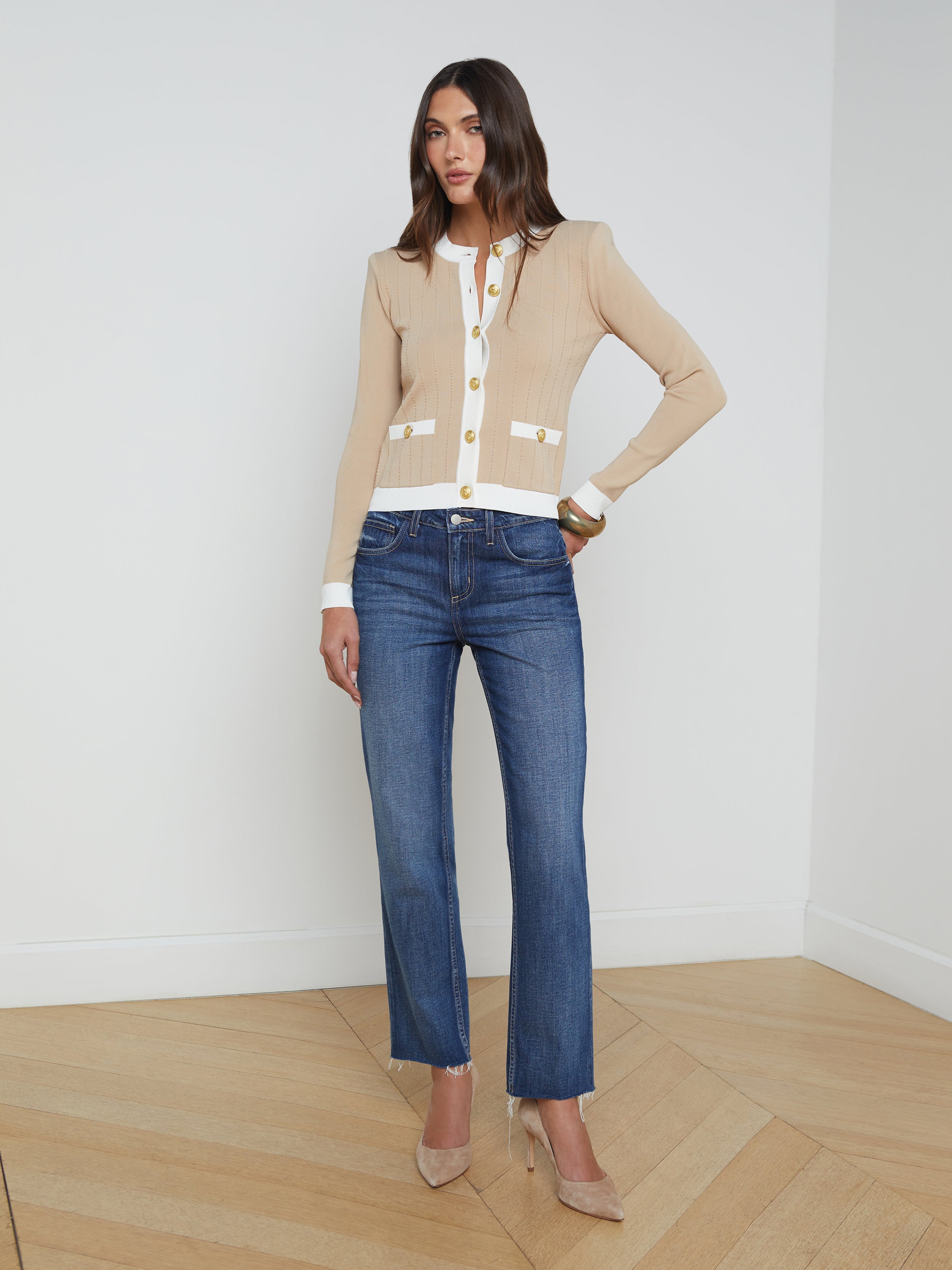 Leon Cardigan In Biscuit/White