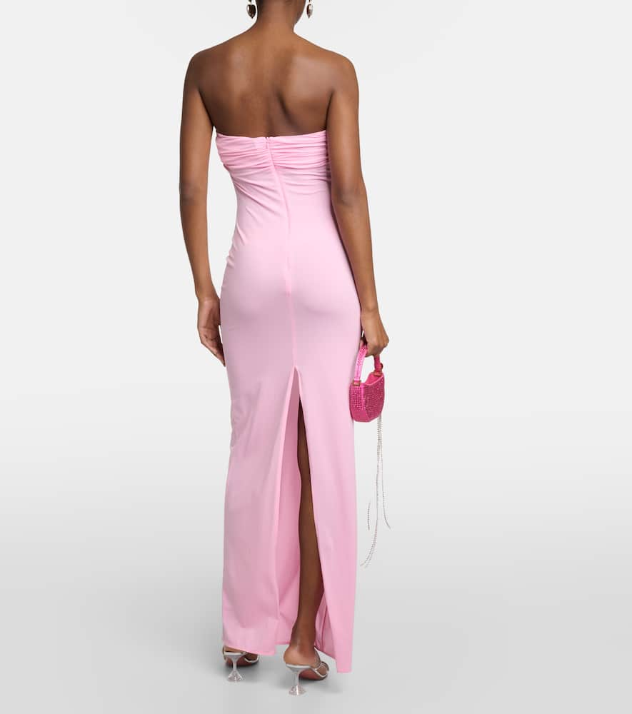 Floral-appliqué strapless maxi dress