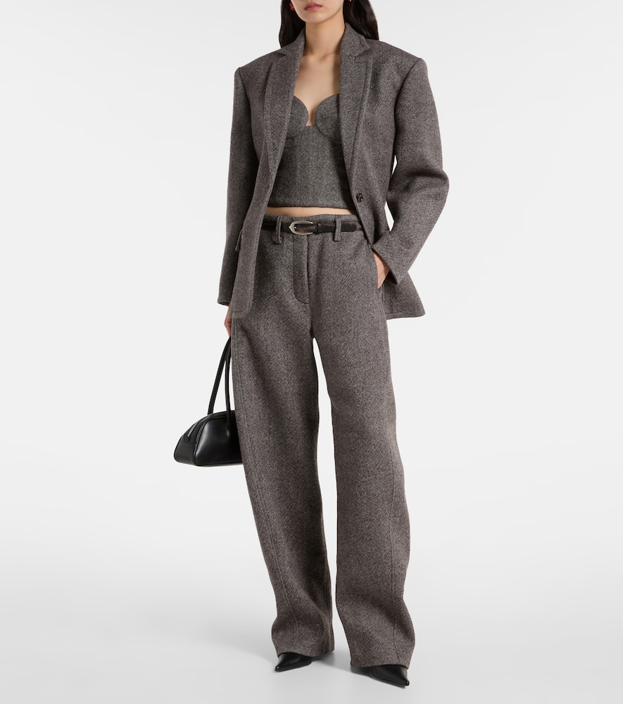 Low-rise herringbone wool-blend barrel-leg pants