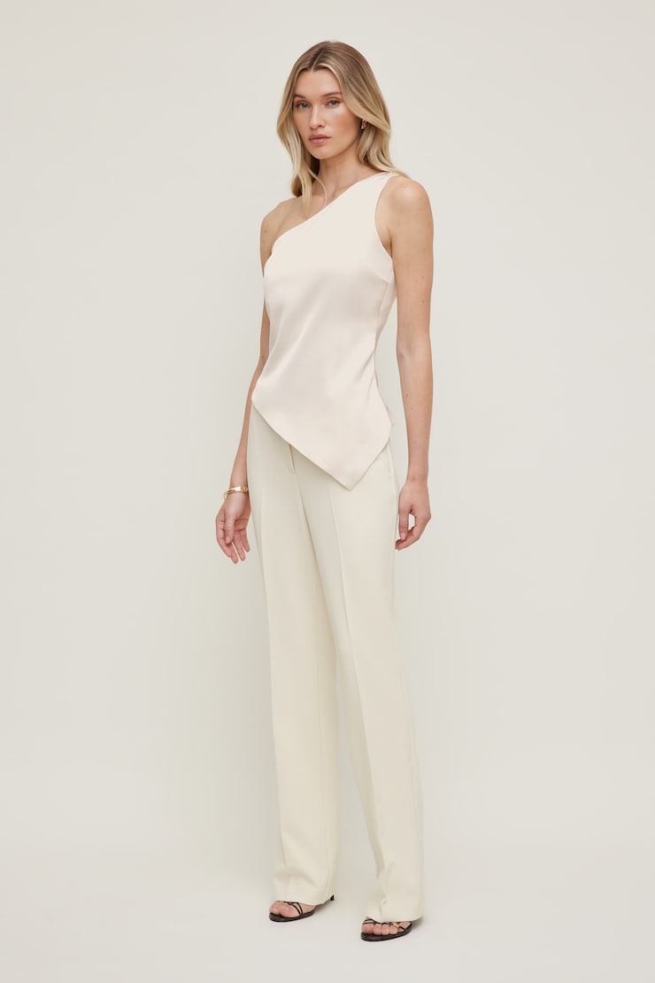 Single Shoulder Satin Top - Beige - Women Clothing