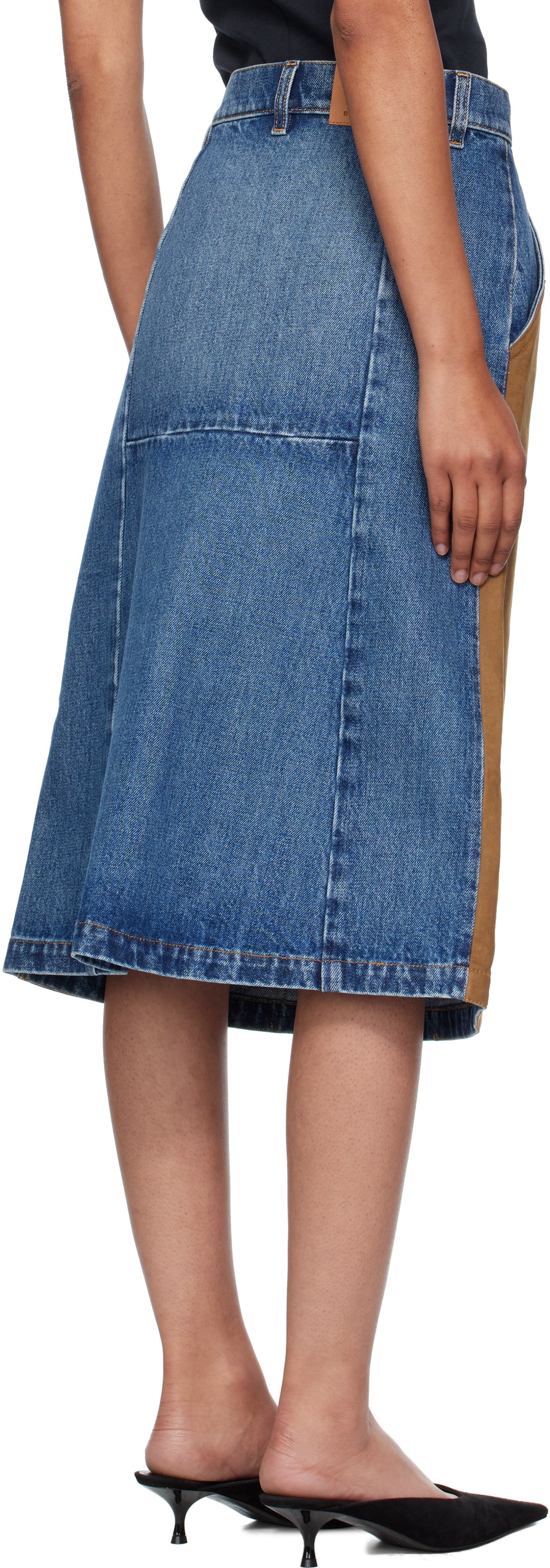 Blue & Tan Mixed Denim & Faux-Suede Midi Skirt